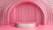 © -Quantum Pixels- - 3D render of an abstract minimal futuristic pink background featuring an empty cylindrical podium stage with a square silver art deco frame designed as a blank showcase stand for product display