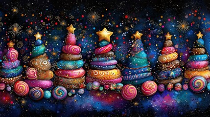 Sticker -   A vibrant Christmas scene depicted in oil colors, featuring an array of tall, colorful trees festooned with glistening gold ornaments and sparkling starry accents