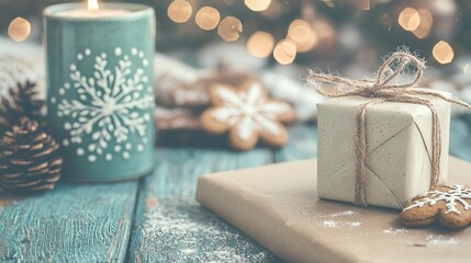 Wall Mural -   A gift box perched atop a wooden desk beside a lit candle and Christmas decoration