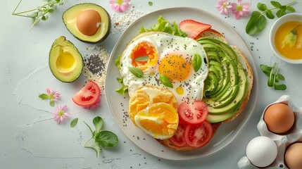 A delicious and healthy breakfast of avocado toast with fried eggs, tomato, and orange slices.