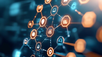 dynamic network connection visualization with glowing links and icons representing technology and in