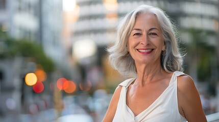 Poster - A smiling older woman stands outdoors, showcasing confidence and joy against a blurred urban background.