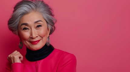 Poster - A stylish elderly woman with gray hair and earrings smiles against a pink background, showcasing elegance and confidence.