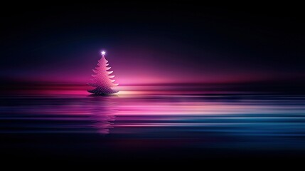 Sticker -   A Christmas tree in the center of a lake bathed under a brilliant light atop it