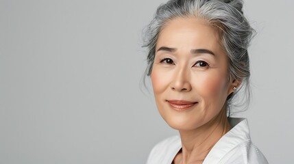 Poster - A portrait of an older woman with gray hair, smiling gently against a neutral background.