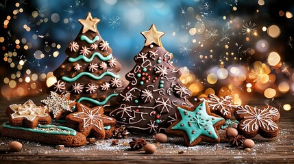   A beautifully arranged wooden table is adorned with a variety of cookies, including Christmas tree-shaped ones piled high on top