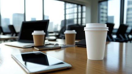 A table with a laptop, two cups and some coffee, AI