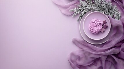 Sticker -   A white plate holds a frosted cupcake atop a purple cloth alongside a sprig of rosemary