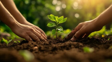 Wall Mural - In the background of this close-up, lush greenery softly blurs in the background as hands planted a small tree, symbolizing a commitment to environmental friendliness.