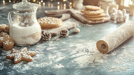 Wall Mural -  Cookies on top of table, powdered sugar in jar nearby, rolled up paper beside