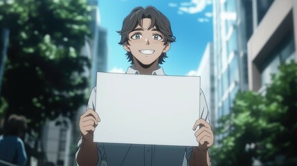 Young teenage anime boy cartoon comics charachter holding white sheet of paper for advertising campaign or drawing lessons