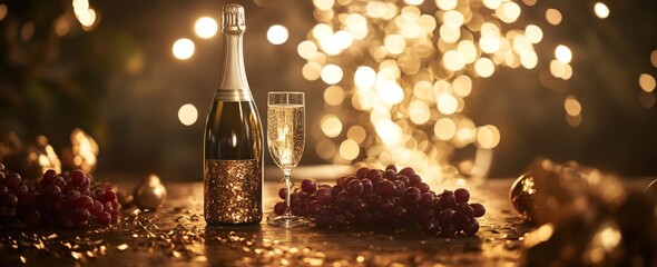 Wall Mural - A still life of an empty champagne glass, a wine bottle, and golden confetti for the New Year