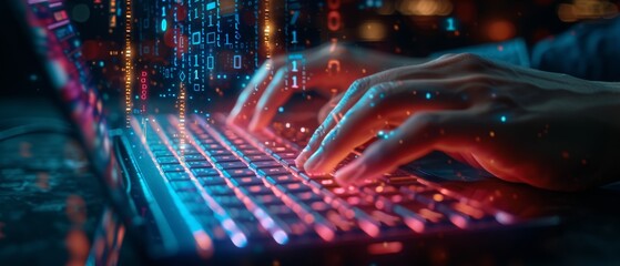 the hands of a data protection officer typing on a futuristic keyboard with holographic data privacy