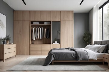 Wall Mural - Modern Minimalist Bedroom Interior with Wooden Cabinets and Gray Bedding