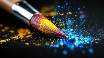   A close-up of a red and yellow brush on a black surface with yellow and blue sprinkles is displayed