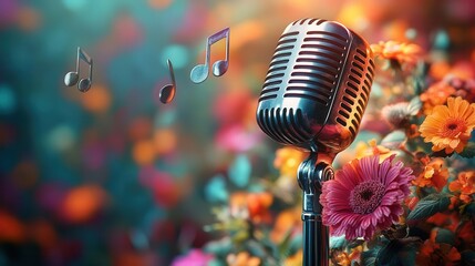 vibrant retro microphone blooming with exotic flowers musical notes floating psychedelic color palette