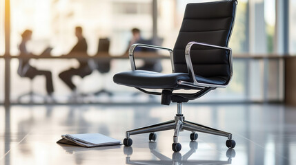 Poster - A black office chair sitting on a hardwood floor next to an open book, AI