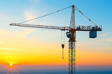 The silhouette shows an engineer and construction worker creating a crane to lift a load in 2025 against a blue sky background.