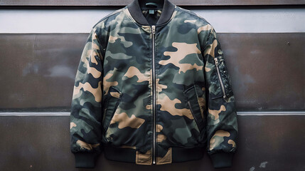 Camouflage bomber jacket with zipper closure.