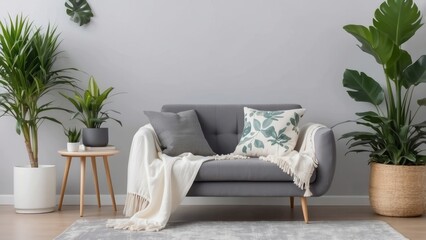 Wall Mural - Gray Sofa with White Blanket and Throw Pillows in a Modern Living Room