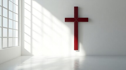 Red wooden cross on a white wall with a window.