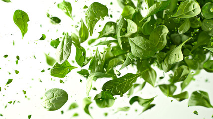 Wall Mural - Green fresh spinach leaves on a white background. A bunch of green spinach leaves is floating in the air. The leaves are scattered throughout the image