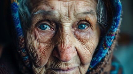 Poster - A close-up portrait of an elderly woman with deep wrinkles and striking blue eyes, conveying wisdom and experience.