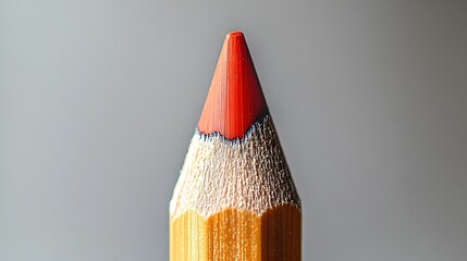 Macro shot of red pencil tip, extreme close-up, sharp graphite point, wooden texture, minimalist composition, white background, high-contrast lighting, product photography.