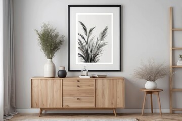 Wall Mural - Black and White Framed Palm Leaf Print Above Wooden Cabinet