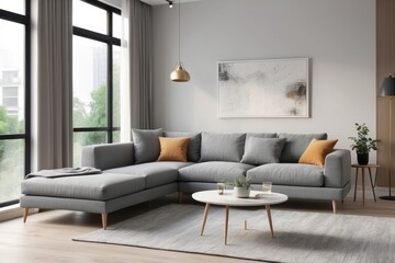 Modern Living Room with Gray Sectional Sofa and Wooden Coffee Table