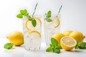 Wall Mural - A refreshing glass of iced lemonade with lemon slices and mint leaves on a white background, AI Generated