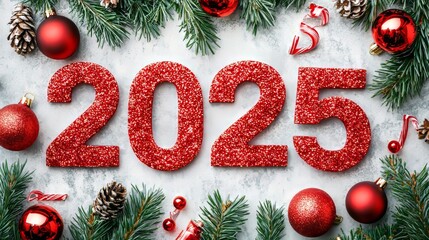 Wall Mural - Festive decorations surround the glittering numbers for 2025, enhancing the holiday spirit.