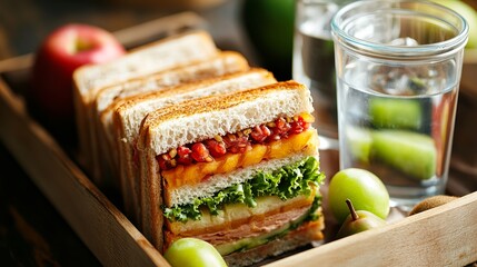 A nutritious packed lunch includes a sandwich, fresh fruit, and water. 