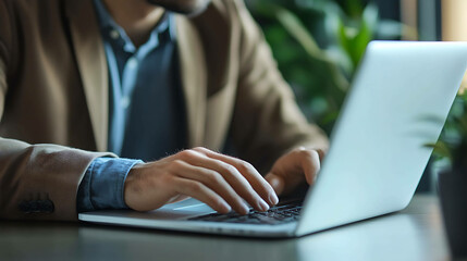 Close-up of hands typing on a laptop keyboard.