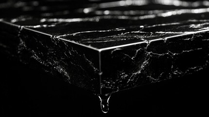 Wall Mural -   A black marble table has a drop of water flowing down its center and on top, set against a dark background