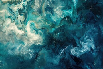 Close-up shot of a painting featuring blue and green hues