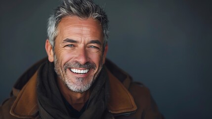 Canvas Print - A smiling man with gray hair and a beard, dressed in a brown coat, exuding warmth and friendliness.