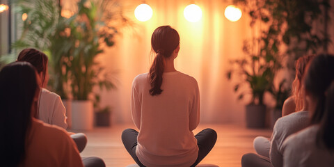 Participants engage in calming exercises guided by a wellness coach in a peaceful atmosphere