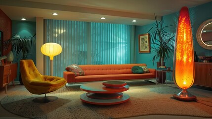 A 1960s-style living room with a lava lamp and retro furniture