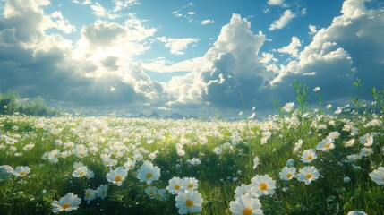 Wall Mural - Beautiful Field of White Daisies Under a Dramatic Sky with Sunlight Breaking Through Clouds, Capturing the Serenity and Beauty of Nature in Full Bloom