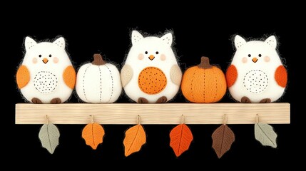   A cluster of owls perched atop a wooden plank alongside two vibrant orange and white pumpkins