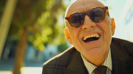 Poster - A cheerful elderly man wearing sunglasses smiles broadly outdoors, exuding joy and warmth.