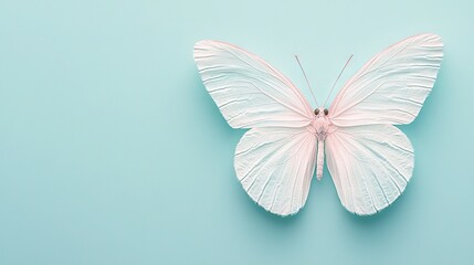 Wall Mural -   White butterfly on blue background with light pink wing