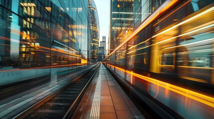 A photograph of an electric train moving rapidly through the city, with buildings on both sides