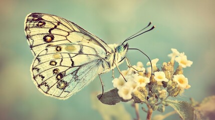 Wall Mural -   A macro shot of a butterfly perched on a flower with white petals against a backdrop of blue sky