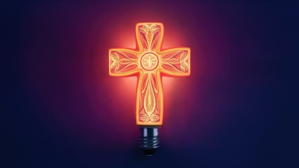  A vibrant LED bulb showcasing a cross design, merging energy efficiency with cultural symbolism.