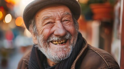 Sticker - A joyful elderly man smiling warmly, showcasing a vibrant expression in a lively outdoor setting.