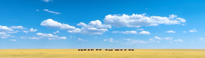 Wall Mural - A serene landscape featuring cattle grazing in a golden field under a blue sky with clouds.