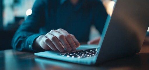 The hand of a businessman is typing on the laptop keyboard on a table
