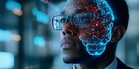A digital businessman and icon of the digital brain, connected circuit, and stock hologram